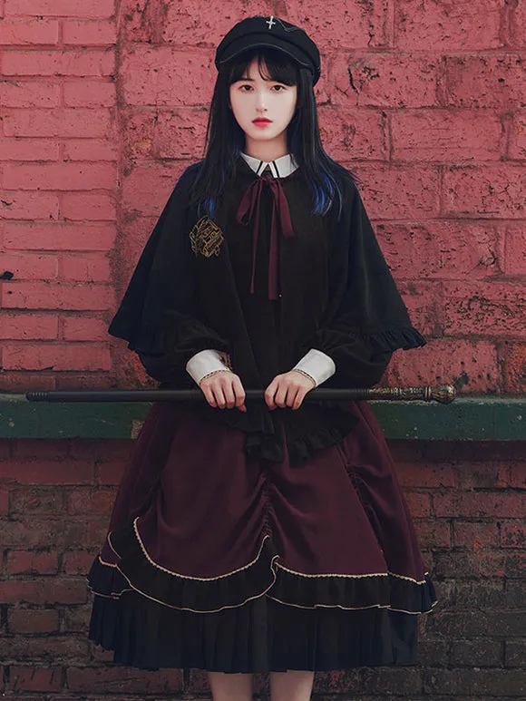 Black Lolita Poncho Polyester Embroidered Color Block Winter Lolita Outwears