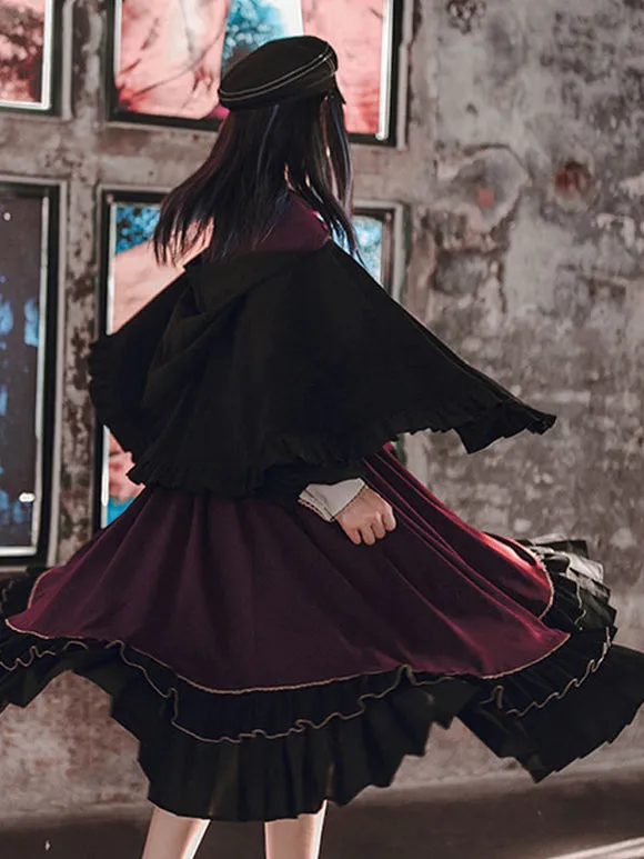 Black Lolita Poncho Polyester Embroidered Color Block Winter Lolita Outwears