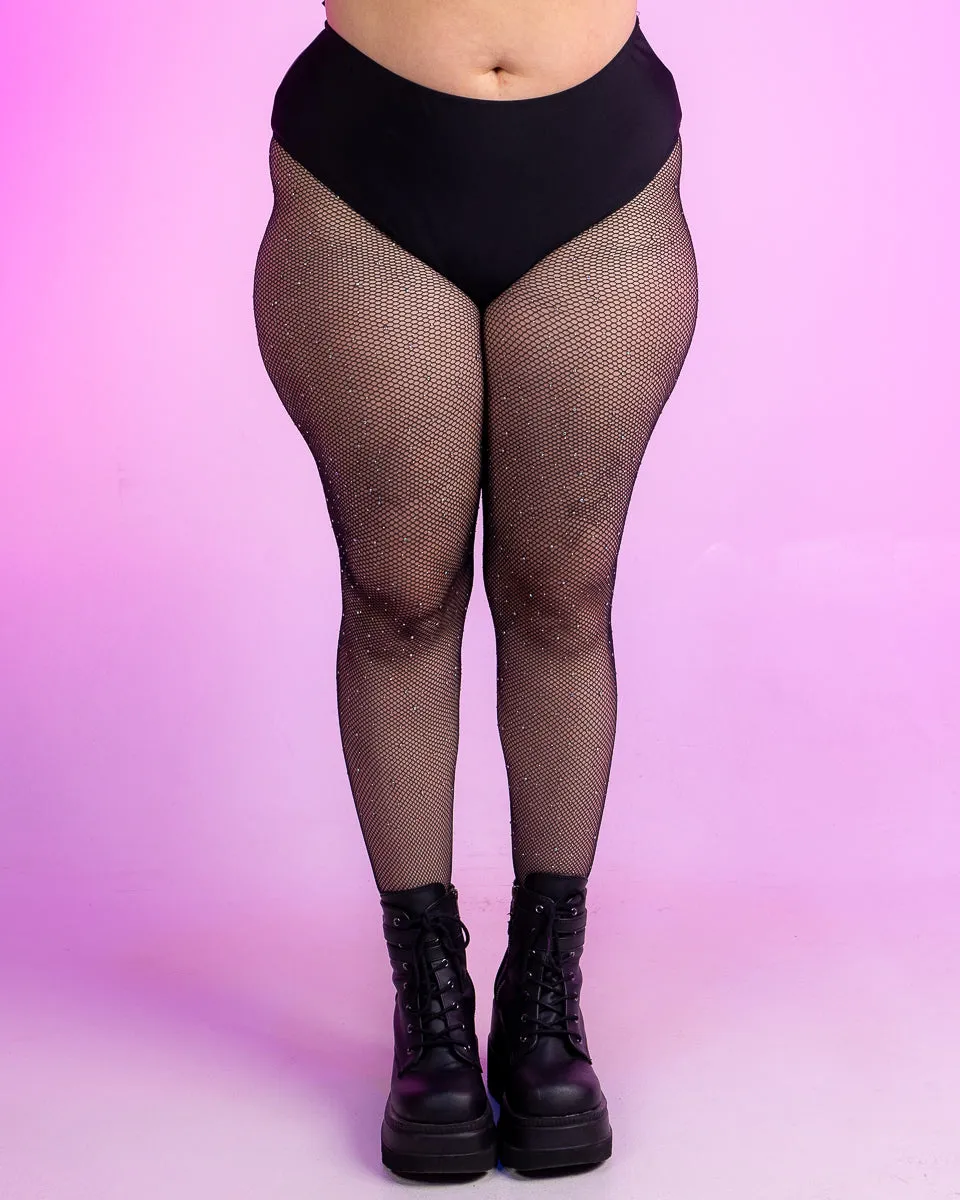 Black Mini Rhinestone Fishnet Women's Rave Tights