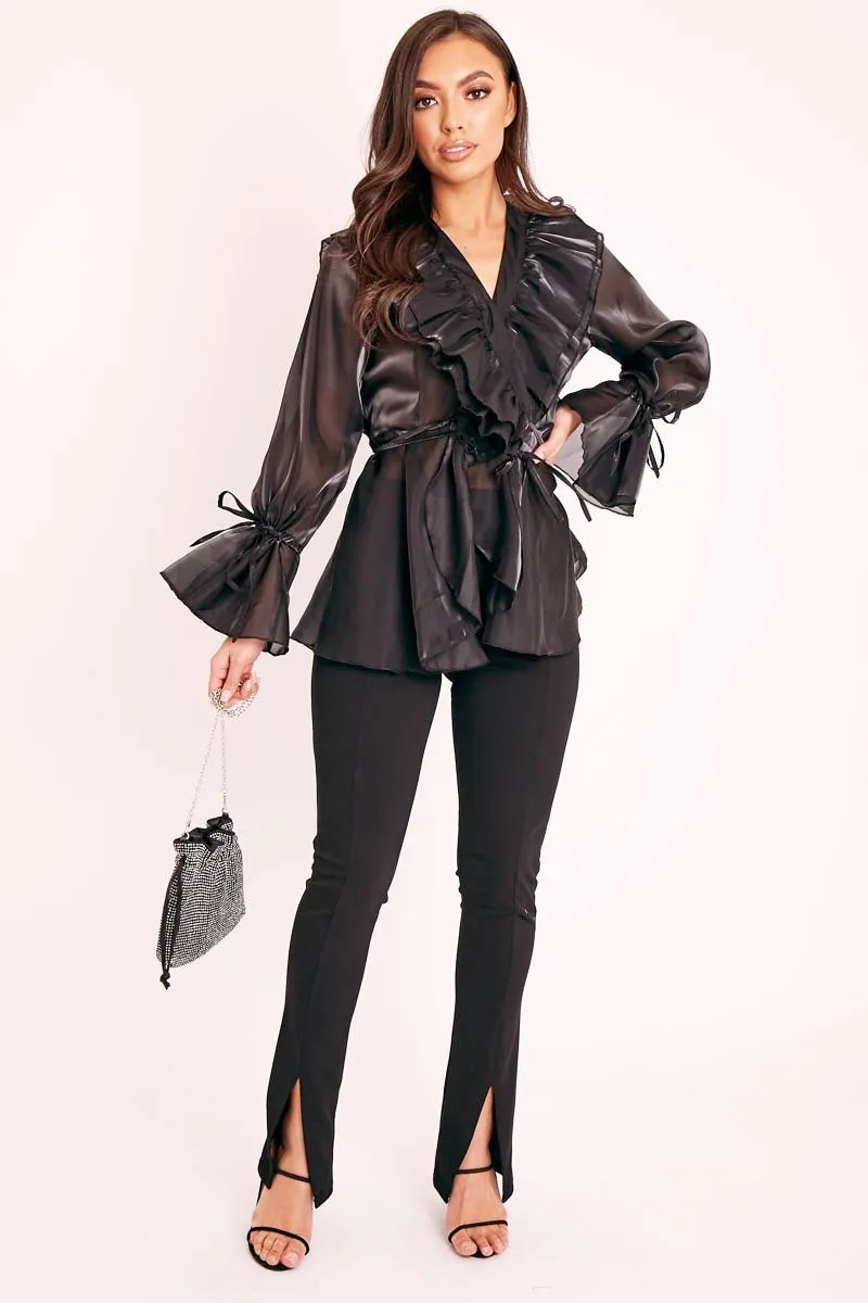 Black Organza Ruffle Wrap Blouse - Gabrielle