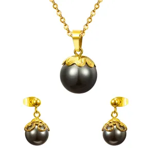 Black Pearl & 18K Gold-Plated Pendant Necklace & Stud Earrings