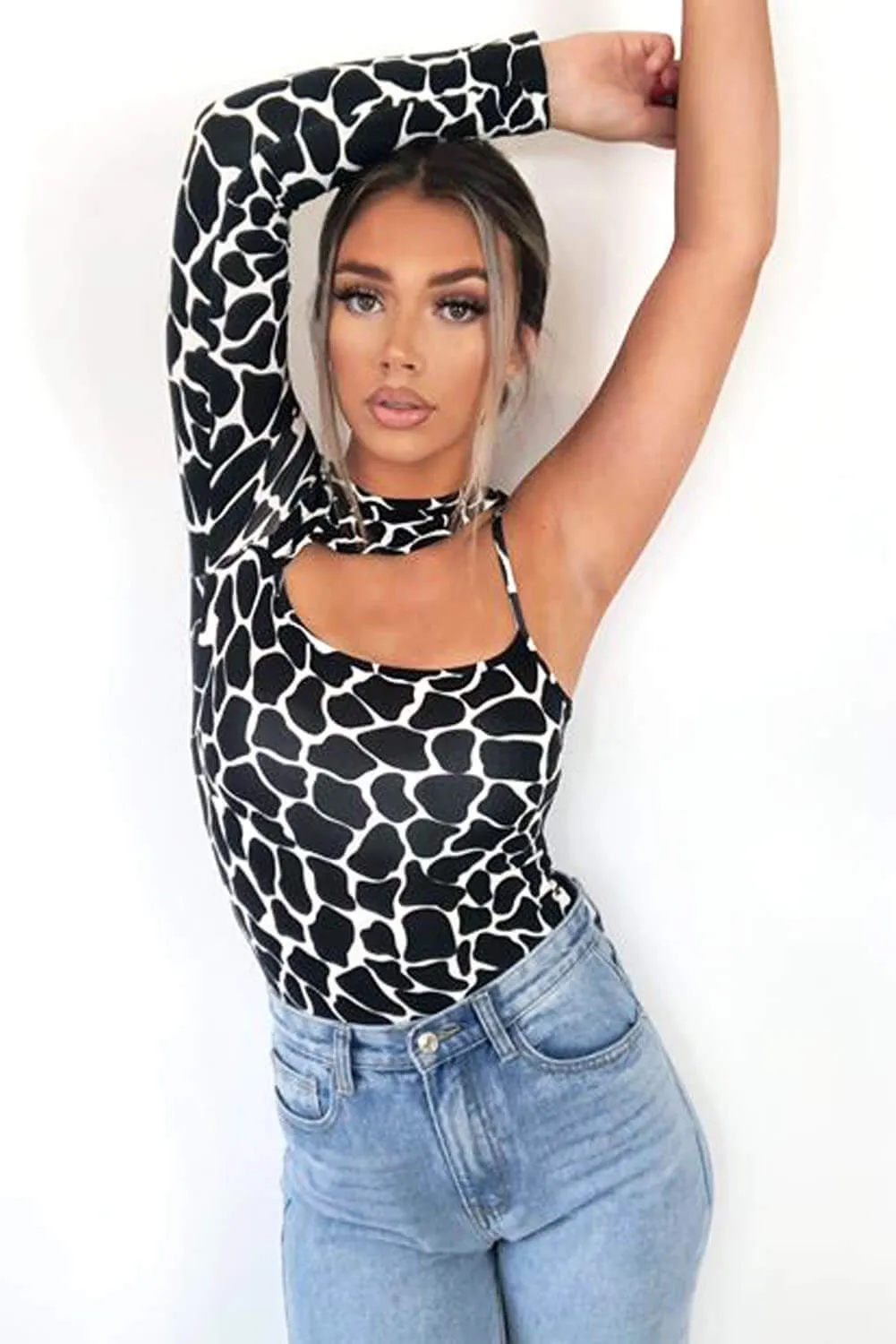 Black Printed One Shoulder Cut Out Bodysuit