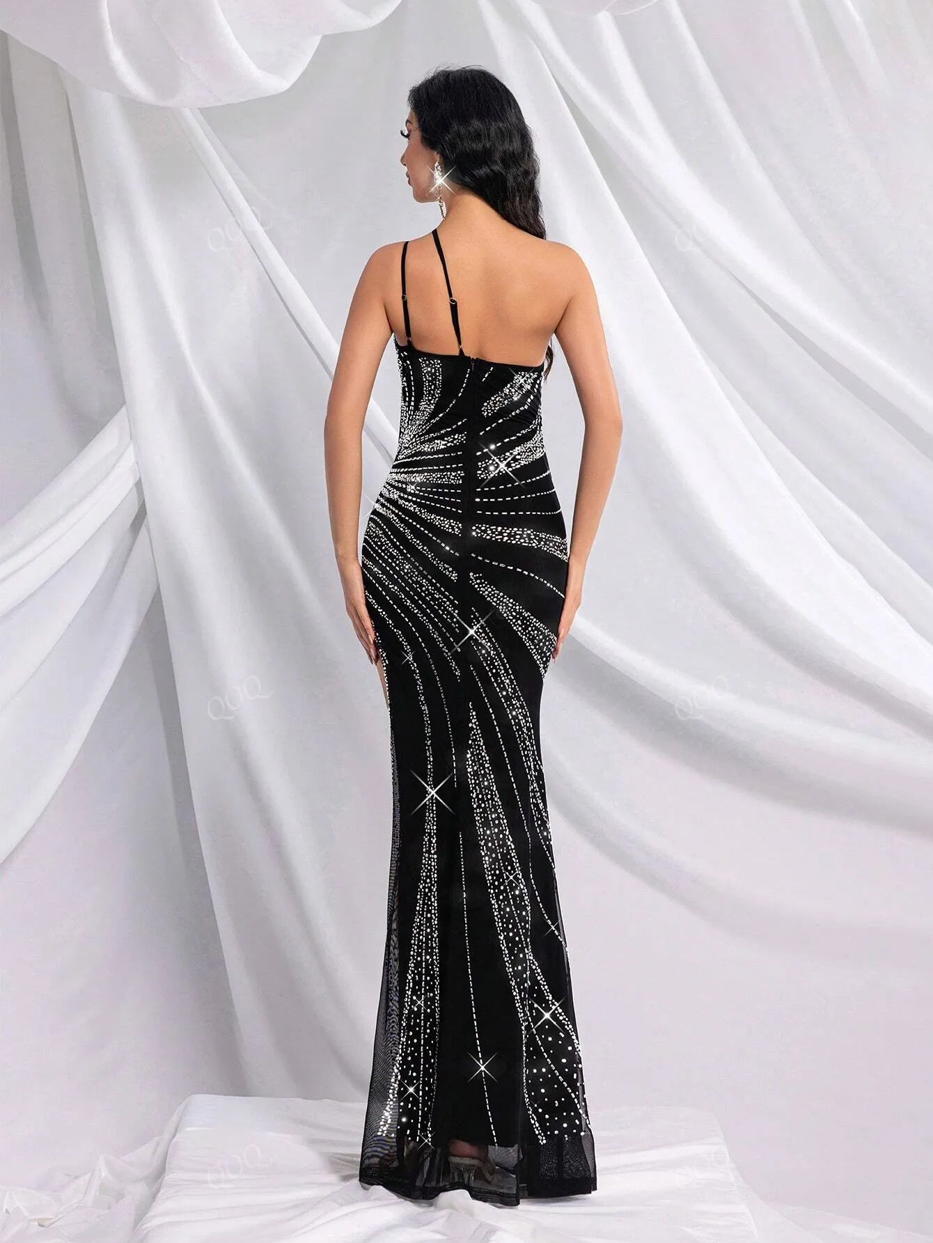Black Rhinestone-Embellished Women's Formal Evening Gown