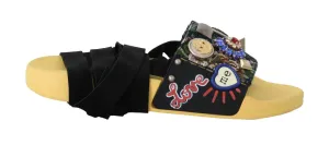 Black Yellow Crystal Logo Strap Slides