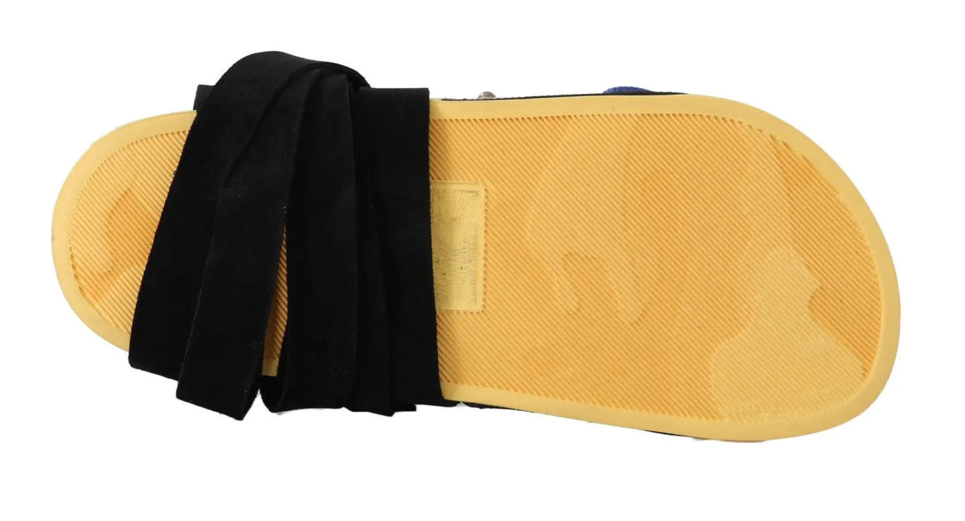Black Yellow Crystal Logo Strap Slides
