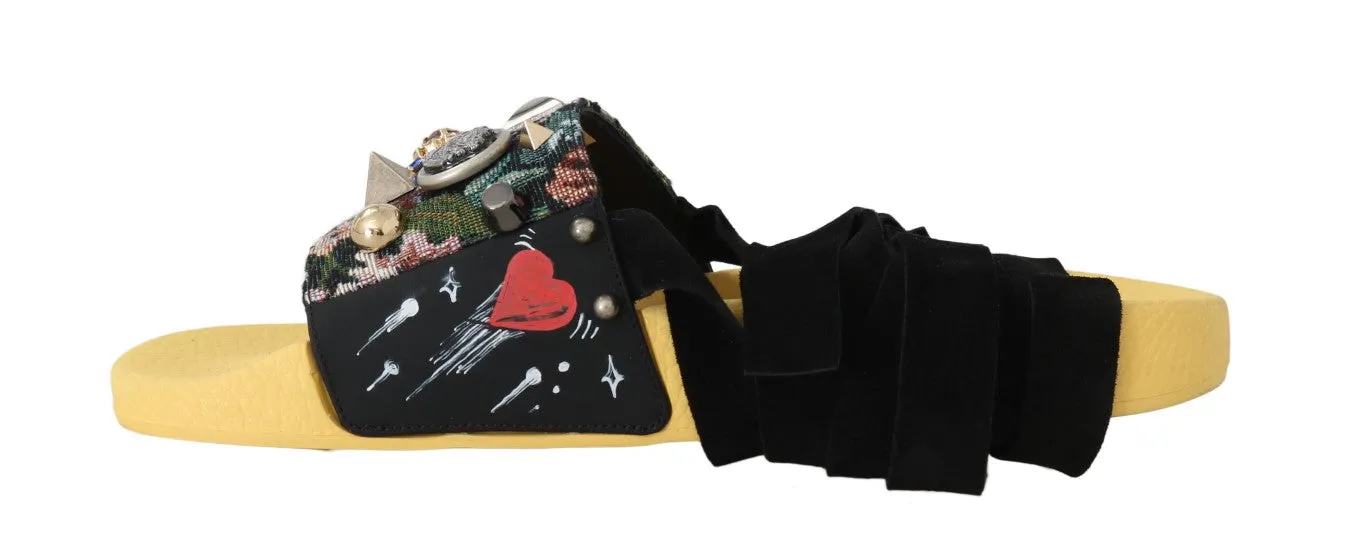 Black Yellow Crystal Logo Strap Slides