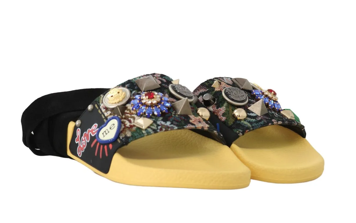 Black Yellow Crystal Logo Strap Slides