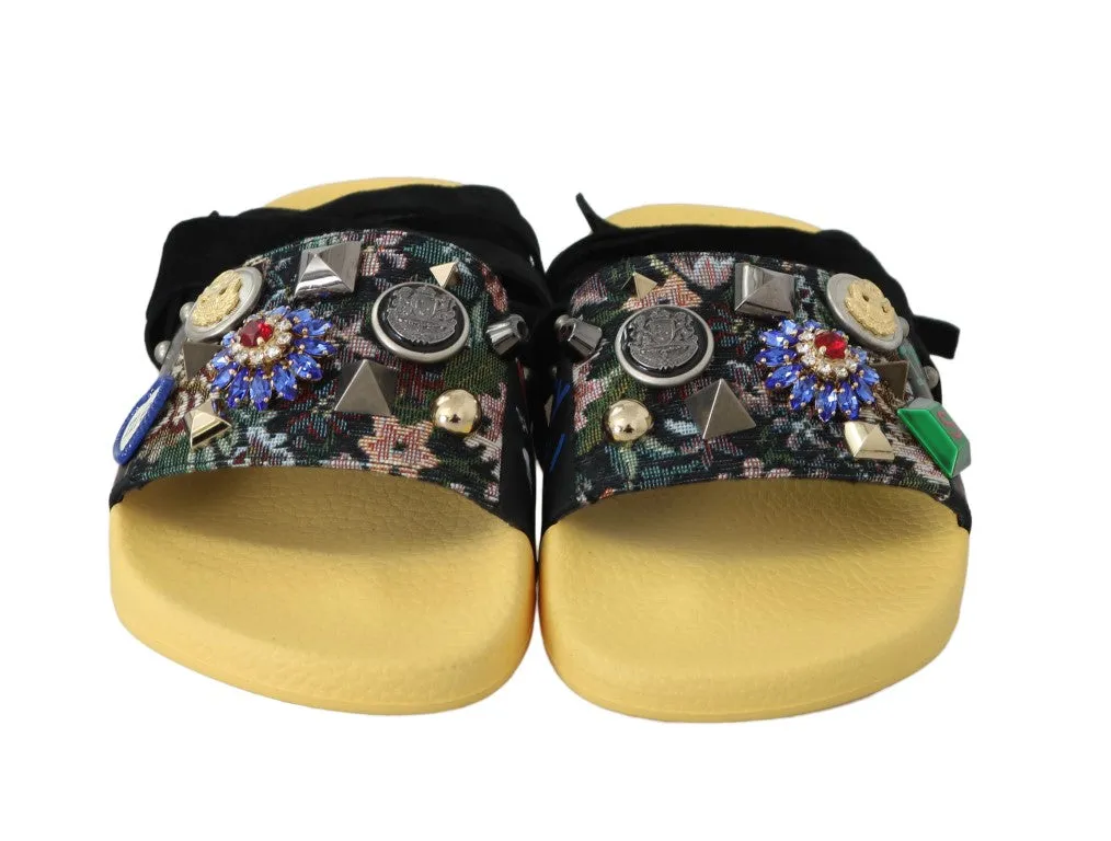Black Yellow Crystal Logo Strap Slides