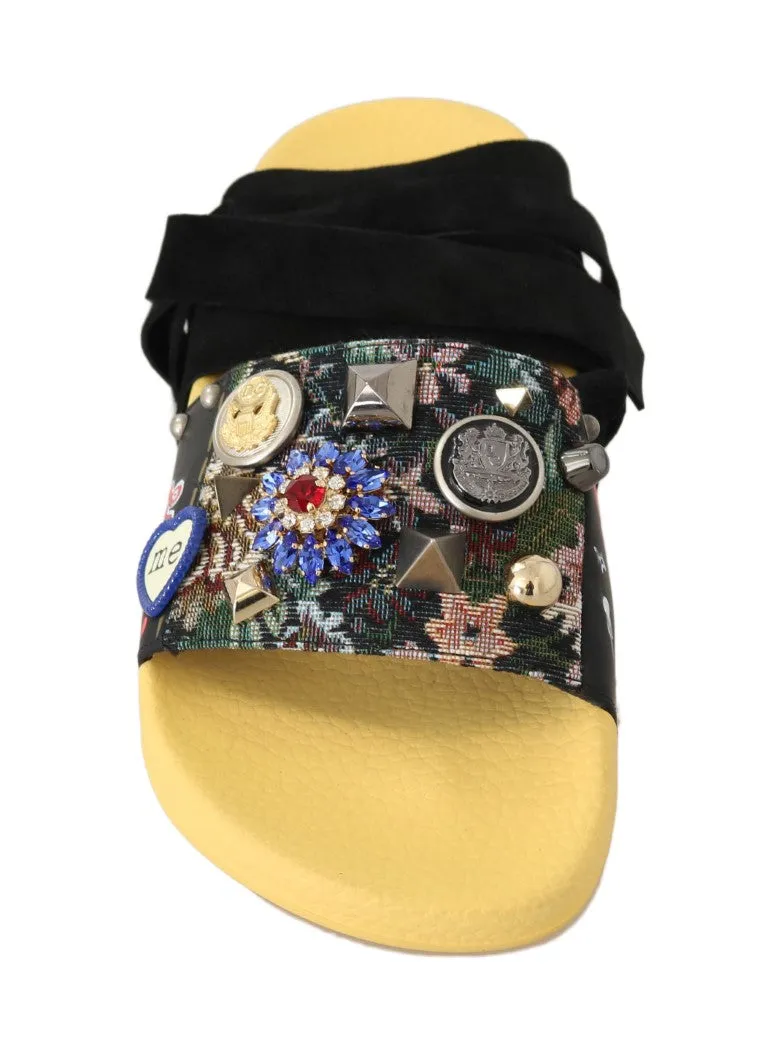 Black Yellow Crystal Logo Strap Slides