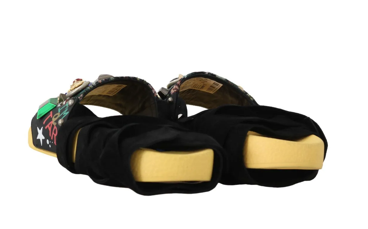 Black Yellow Crystal Logo Strap Slides