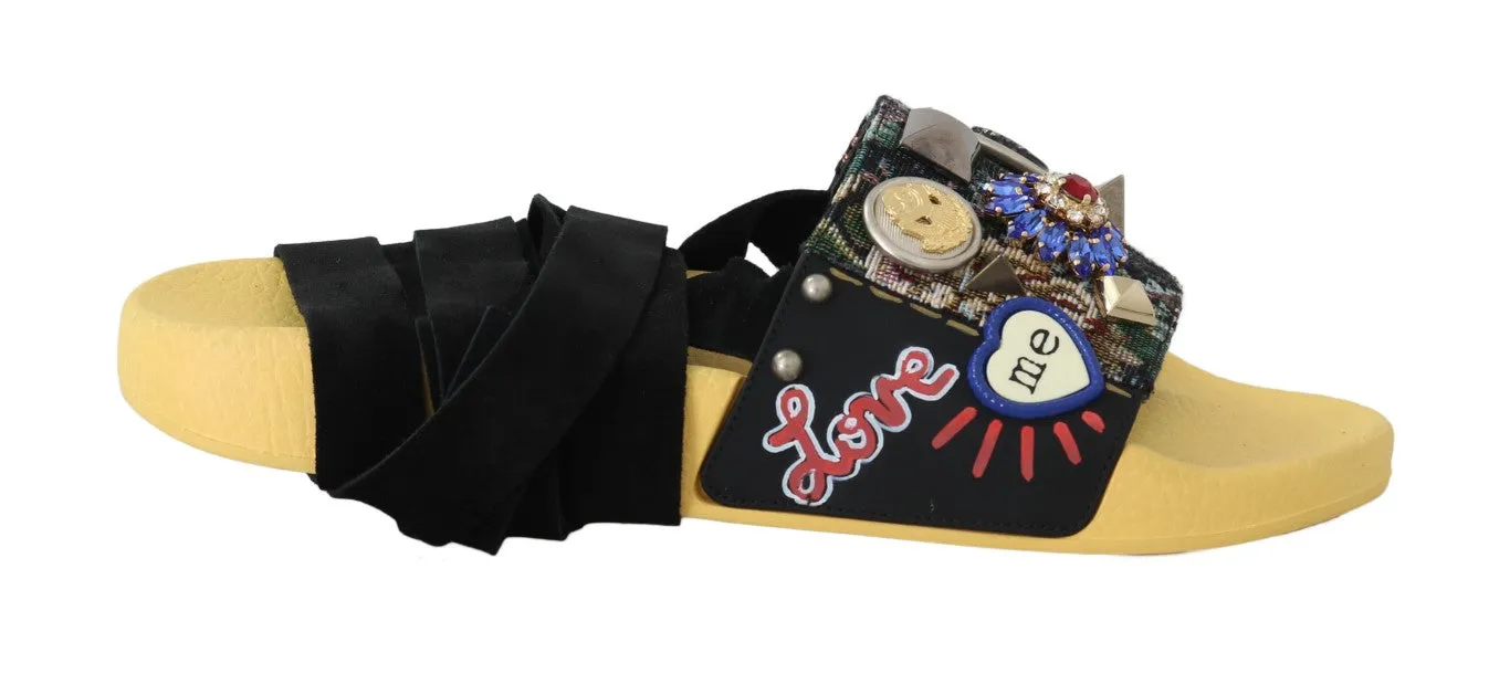 Black Yellow Crystal Logo Strap Slides