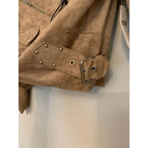BLANKNYC Blank NYC Vegan Faux Suede Moto Jacket Brick Wall Tan Small PETITE New