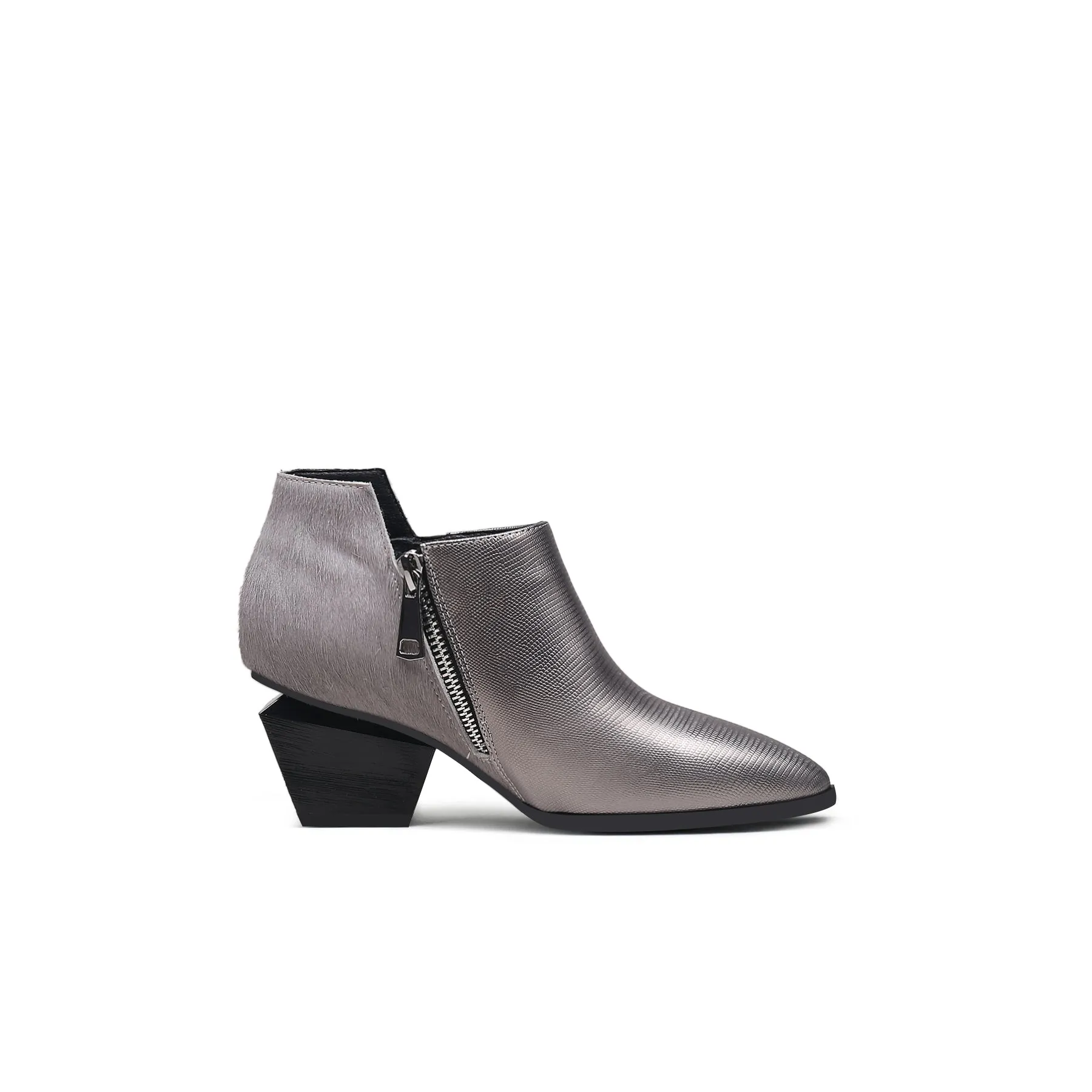 Block Heel Leather Ankle Bootie - Silver