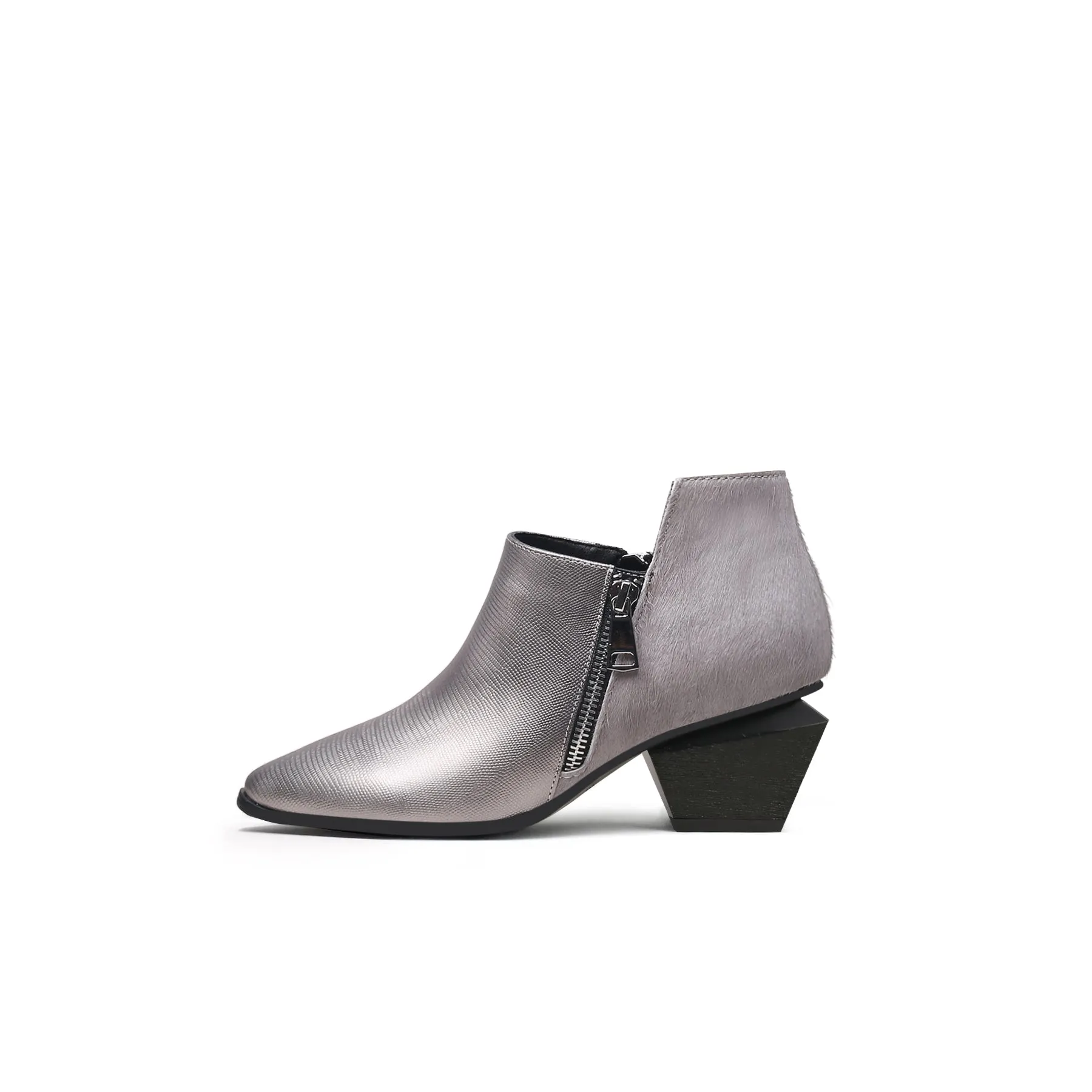 Block Heel Leather Ankle Bootie - Silver