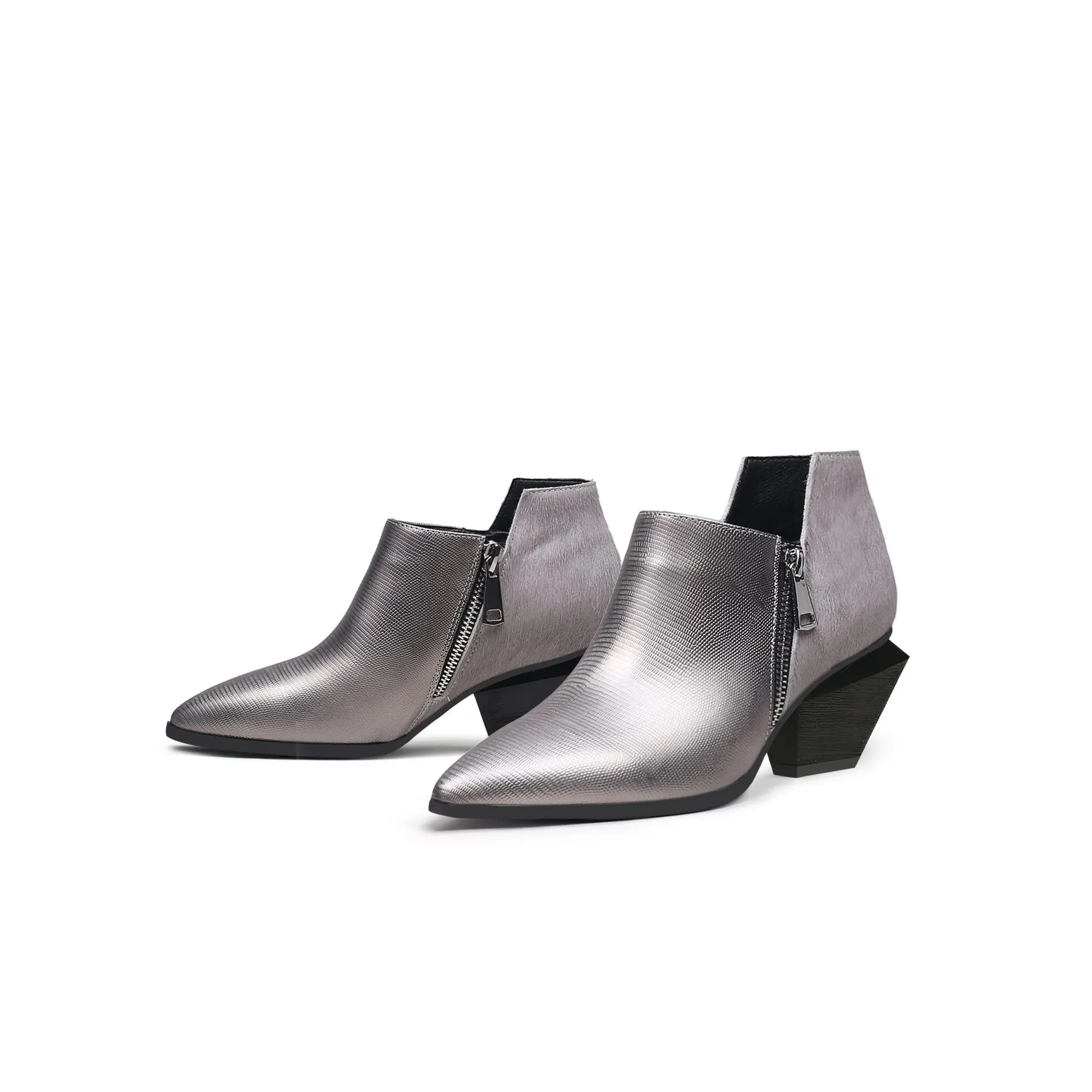 Block Heel Leather Ankle Bootie - Silver