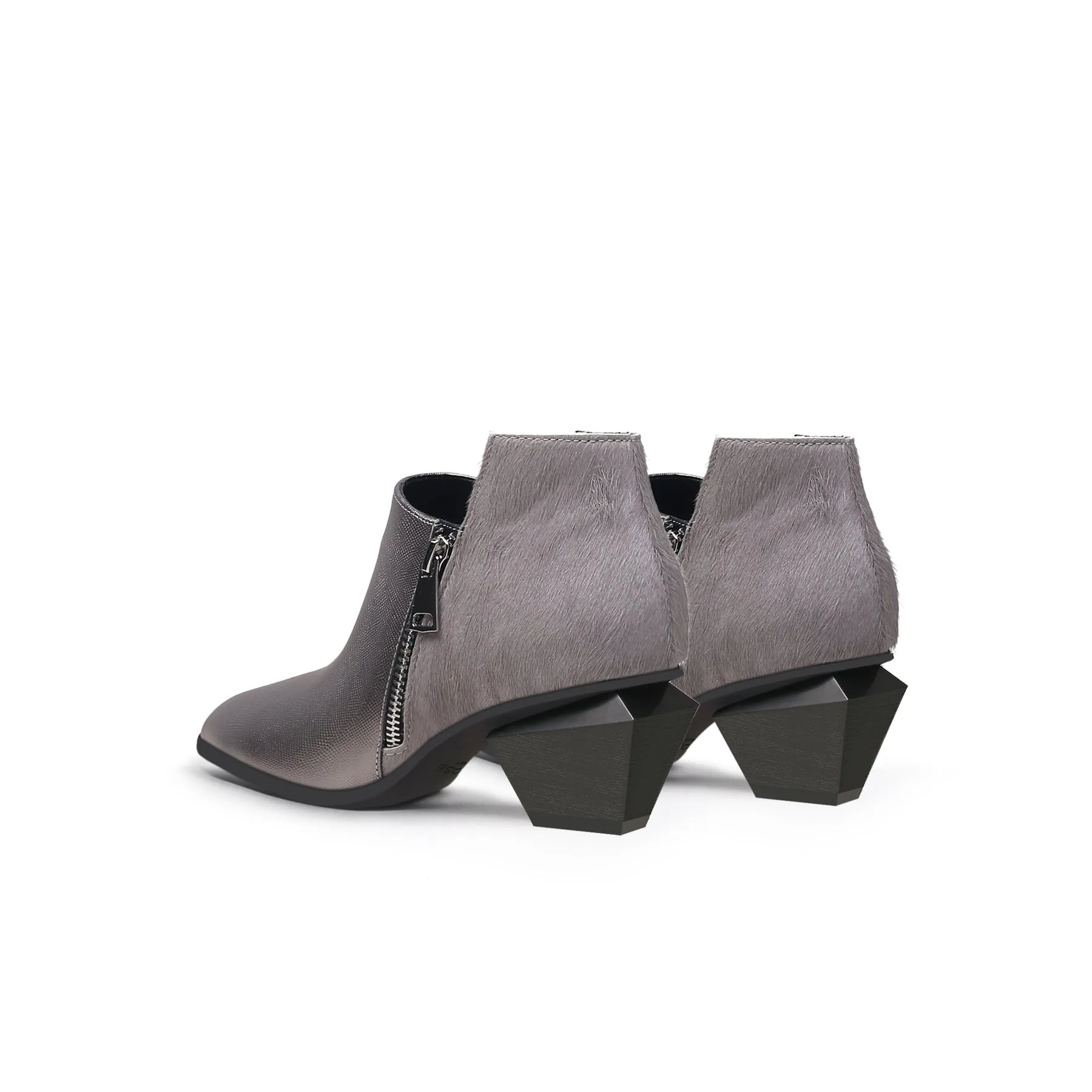 Block Heel Leather Ankle Bootie - Silver