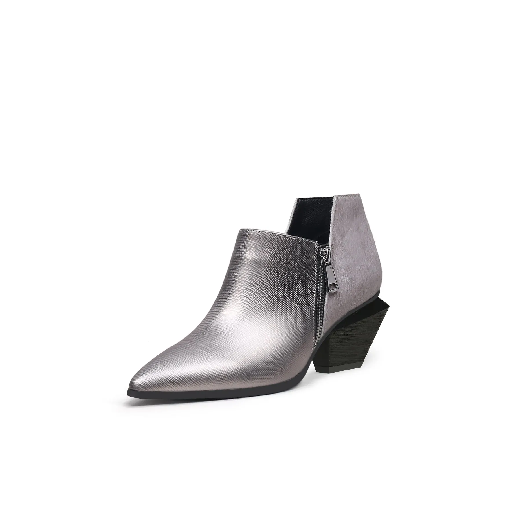 Block Heel Leather Ankle Bootie - Silver