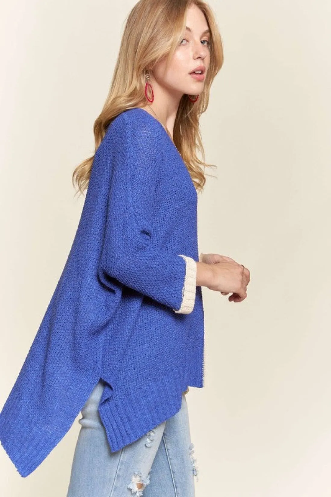 Blue Color Block Long Sleeve Tunic Sweater