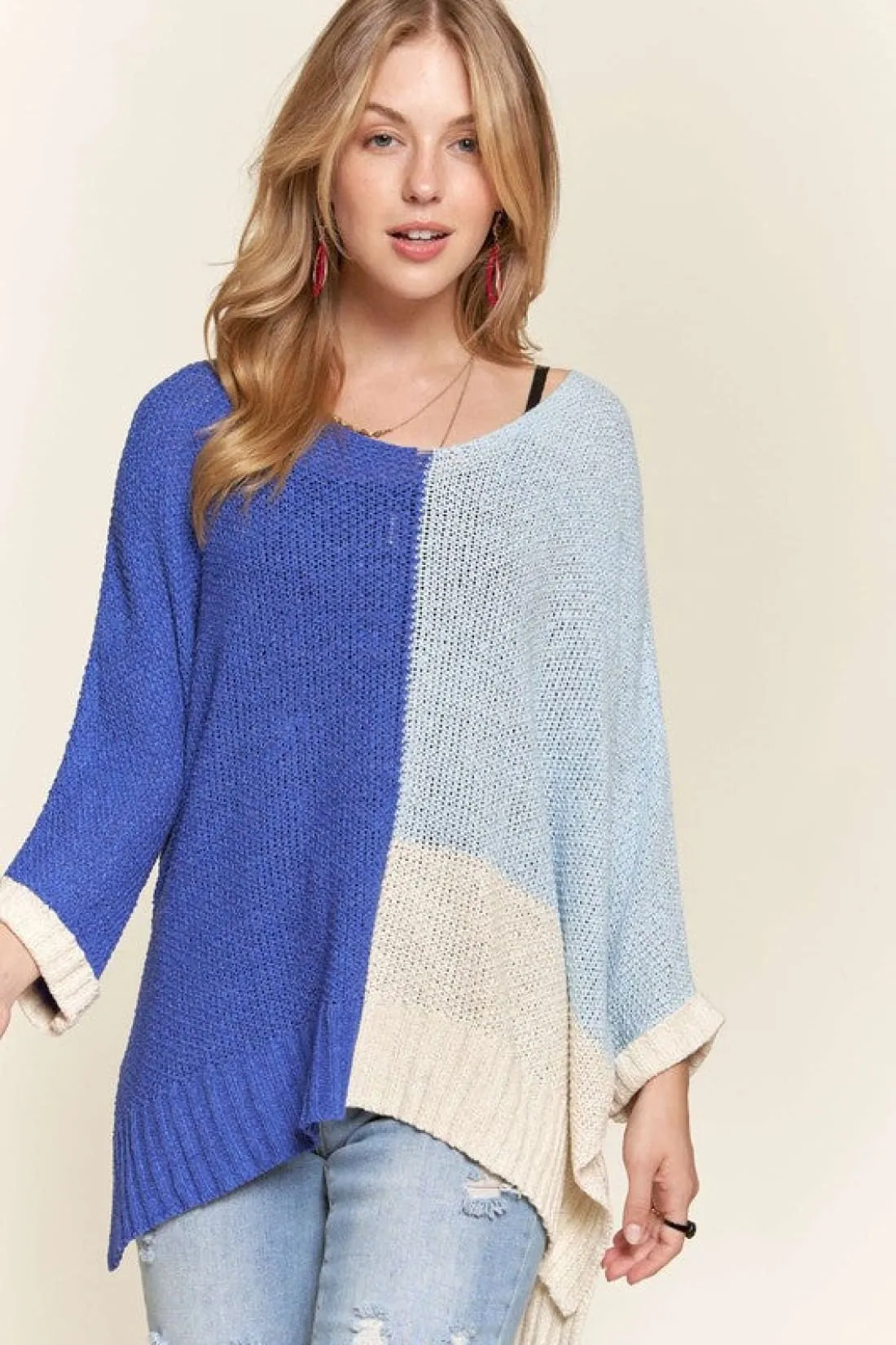 Blue Color Block Long Sleeve Tunic Sweater