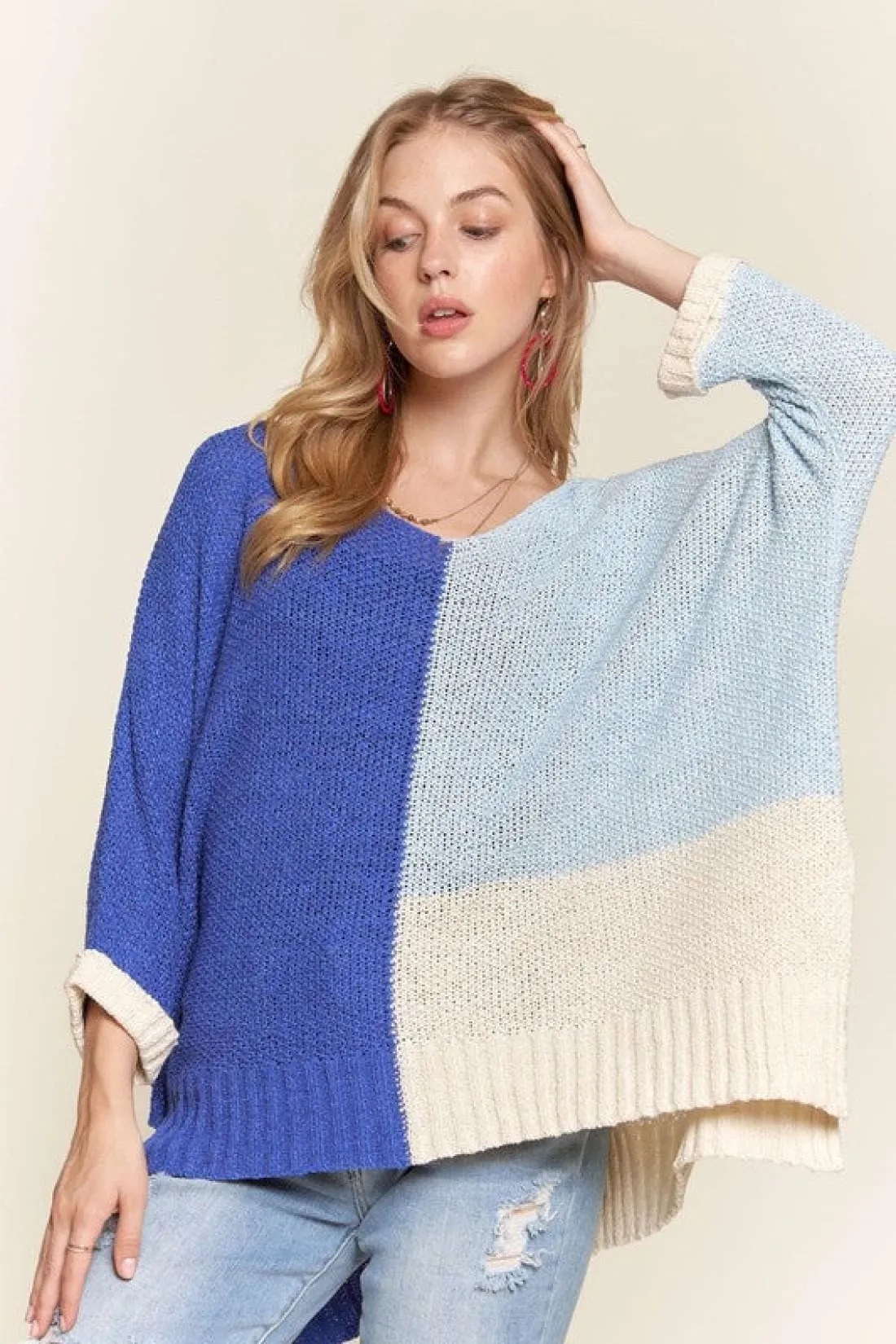 Blue Color Block Long Sleeve Tunic Sweater