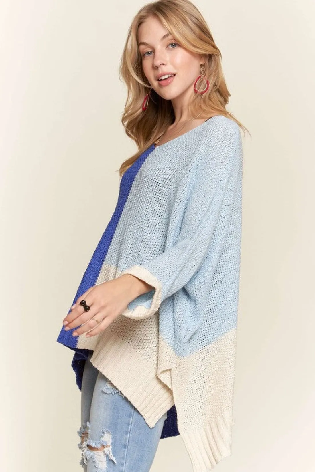 Blue Color Block Long Sleeve Tunic Sweater