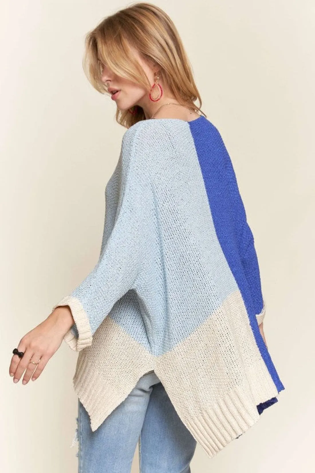 Blue Color Block Long Sleeve Tunic Sweater