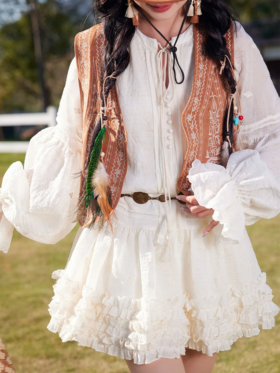 Bohemian White Long-sleeved Mini Dress with Suede Embroidered Vest Boho Suit