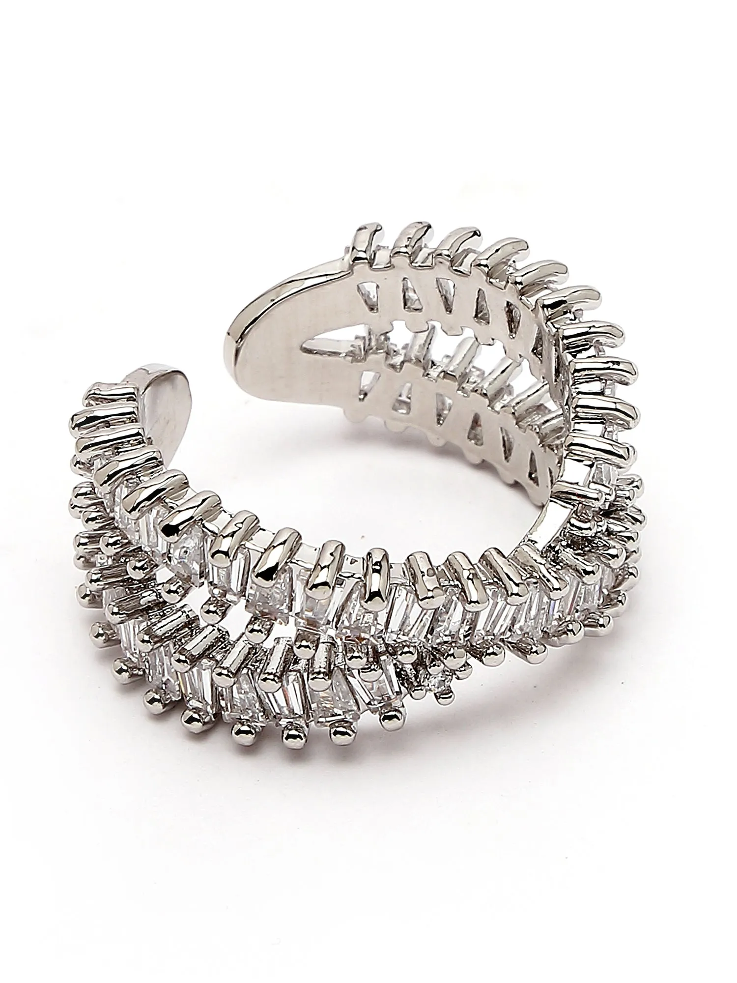 Bohey by KARATCART Silver Tone Cubic Zirconia Studded Cross Design Women's Finger Ring