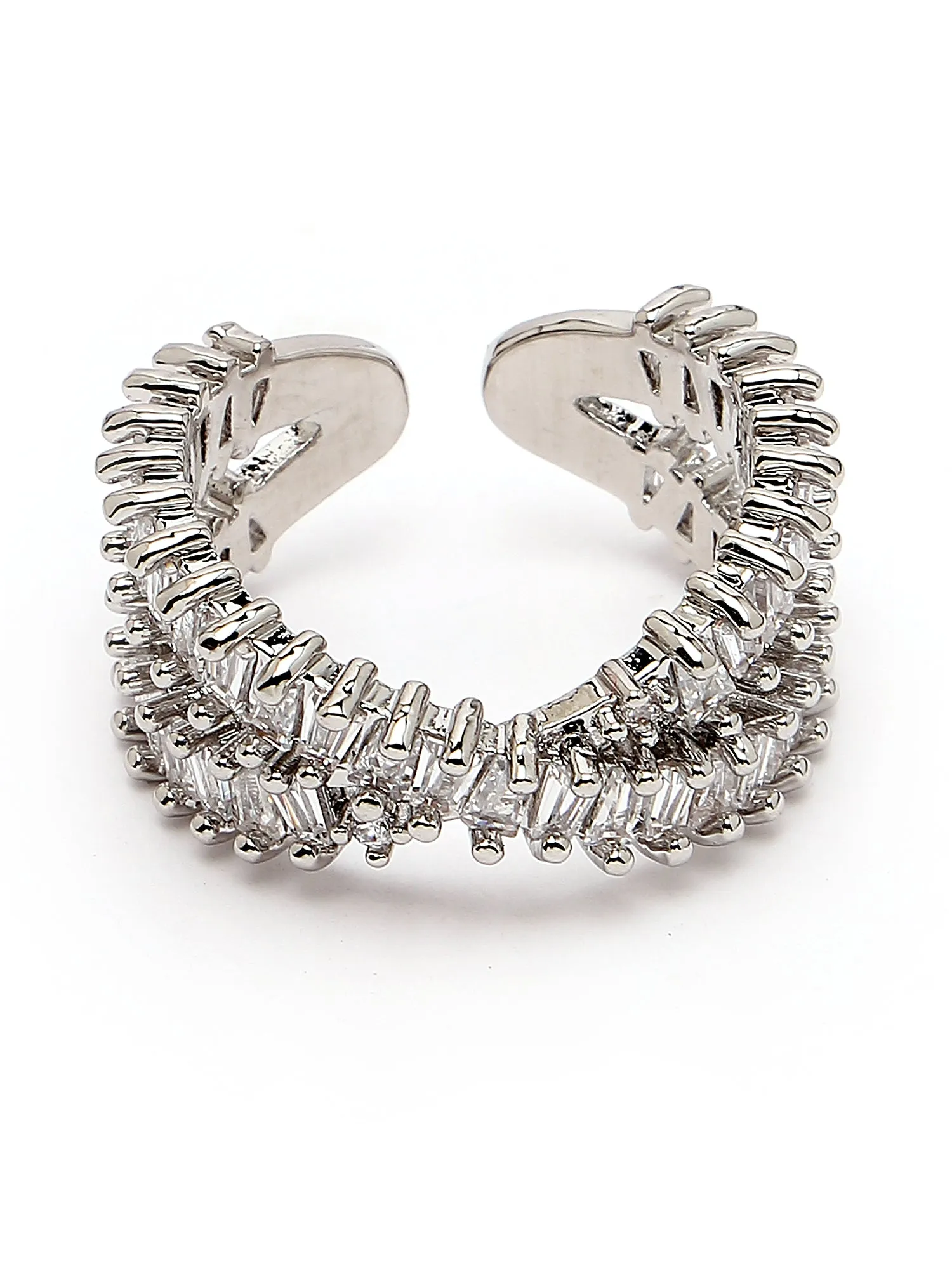 Bohey by KARATCART Silver Tone Cubic Zirconia Studded Cross Design Women's Finger Ring