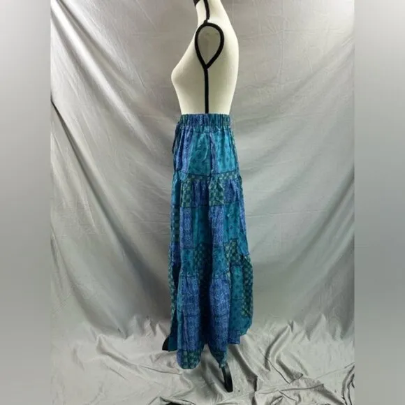 Boho Patchwork Print Maxi Skirt Blue