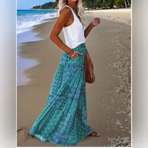 Boho Patchwork Print Maxi Skirt Blue