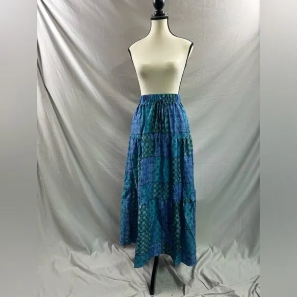 Boho Patchwork Print Maxi Skirt Blue