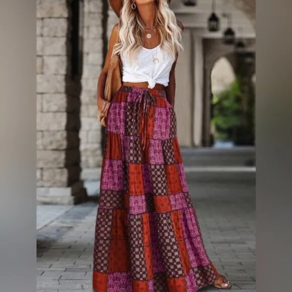 Boho Patchwork Print Maxi Skirt Blue