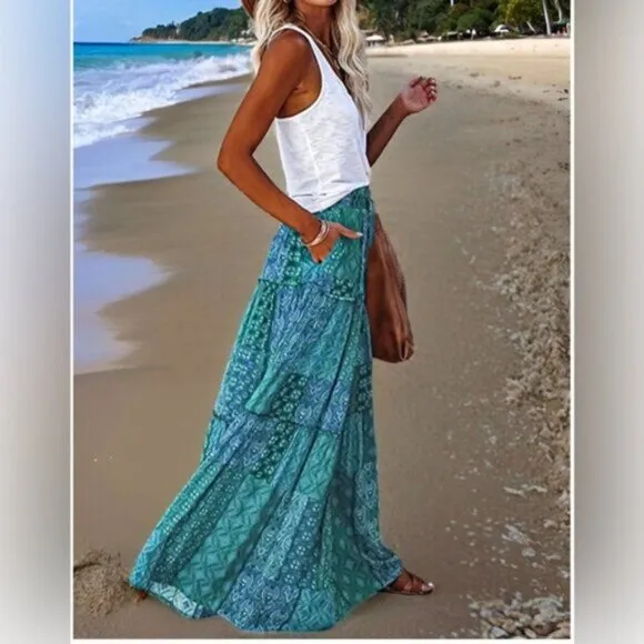 Boho Patchwork Print Maxi Skirt Blue