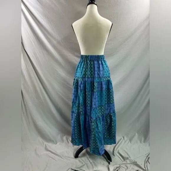 Boho Patchwork Print Maxi Skirt Blue