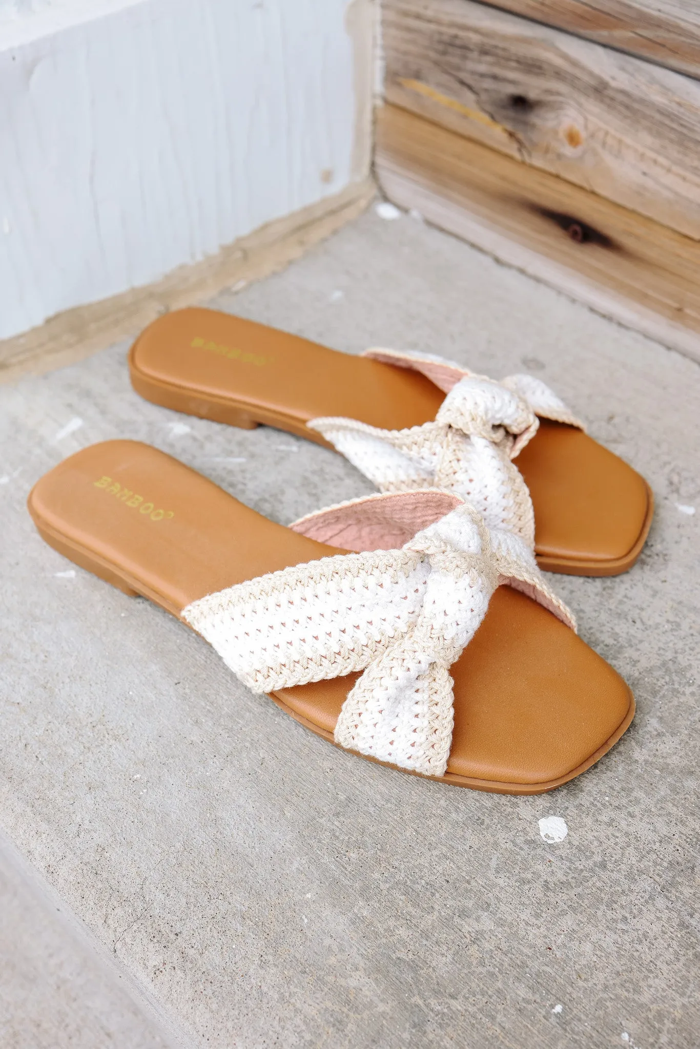 Braided Knot Strap Slide Flat Sandal: Beige