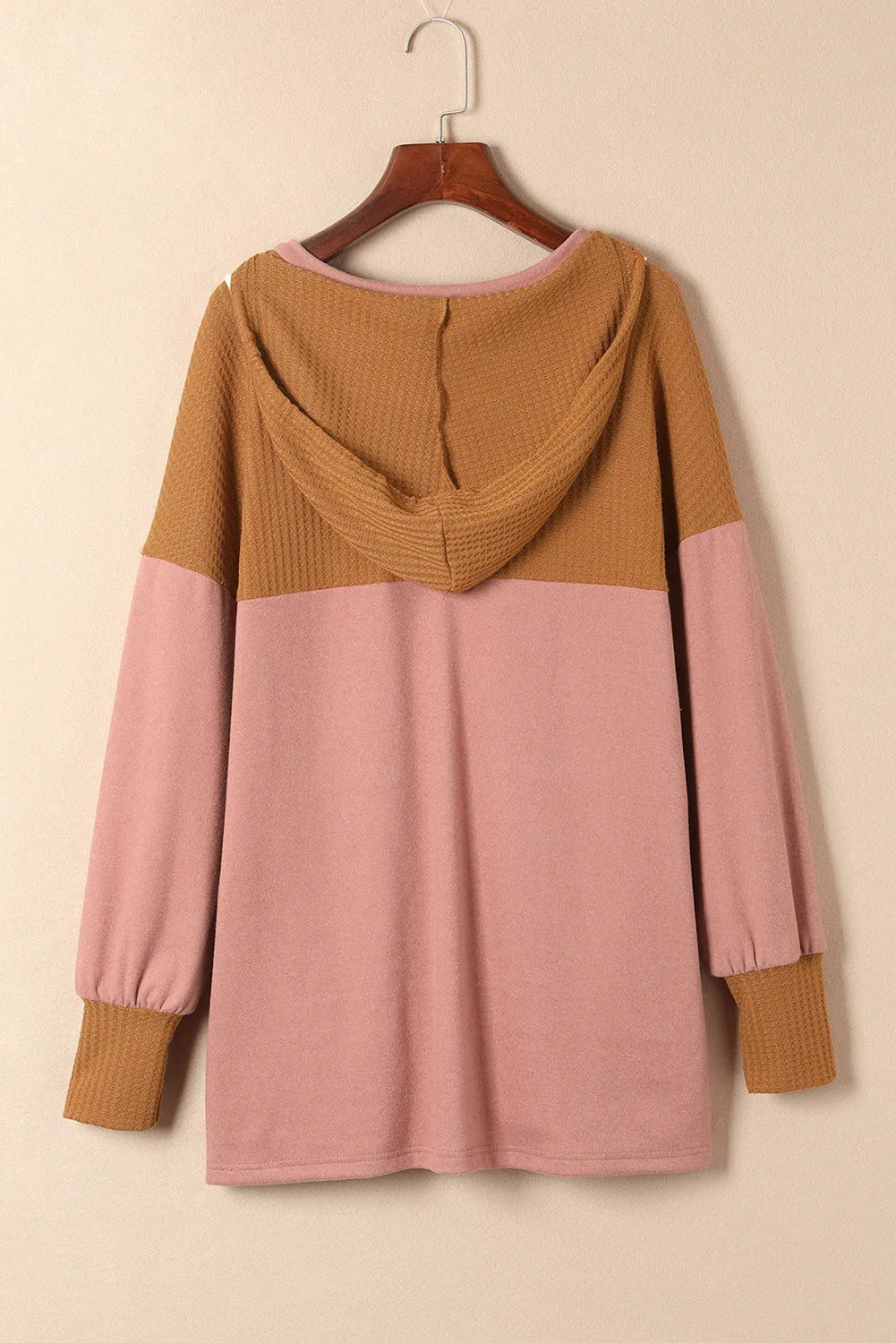 Brown Waffle Knit Patchwork Drawstring V Neck Hoodie