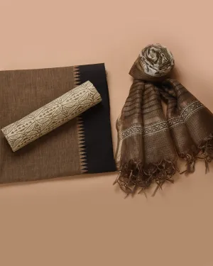 Brown With Black Mercerised Cotton  Unstitched Suit Fabric Set With Kota Silk Block Printed Dupatta