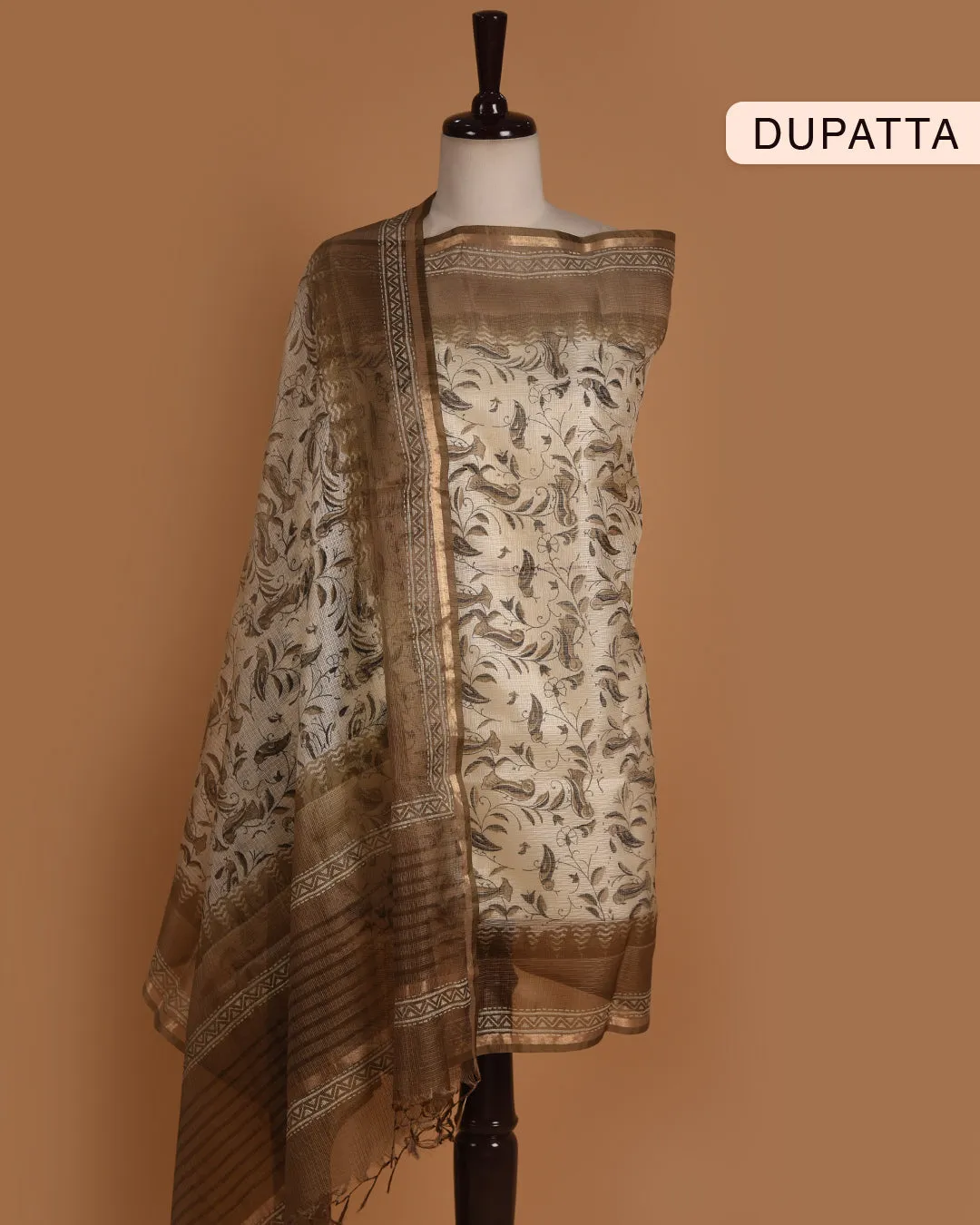 Brown With Black Mercerised Cotton  Unstitched Suit Fabric Set With Kota Silk Block Printed Dupatta