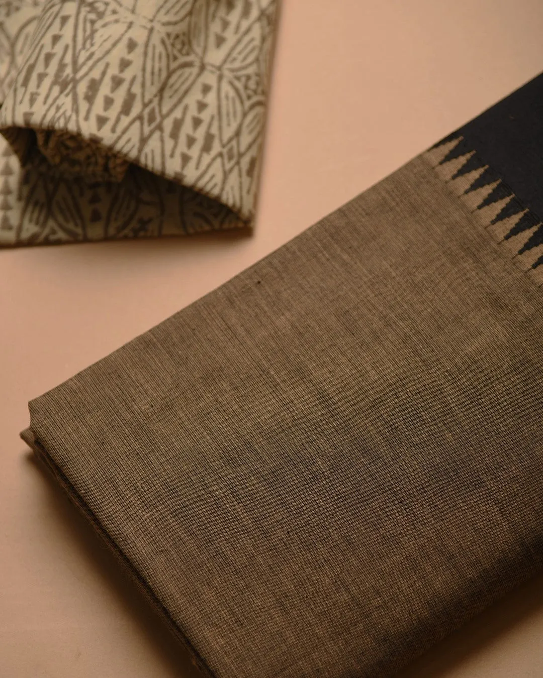 Brown With Black Mercerised Cotton  Unstitched Suit Fabric Set With Kota Silk Block Printed Dupatta