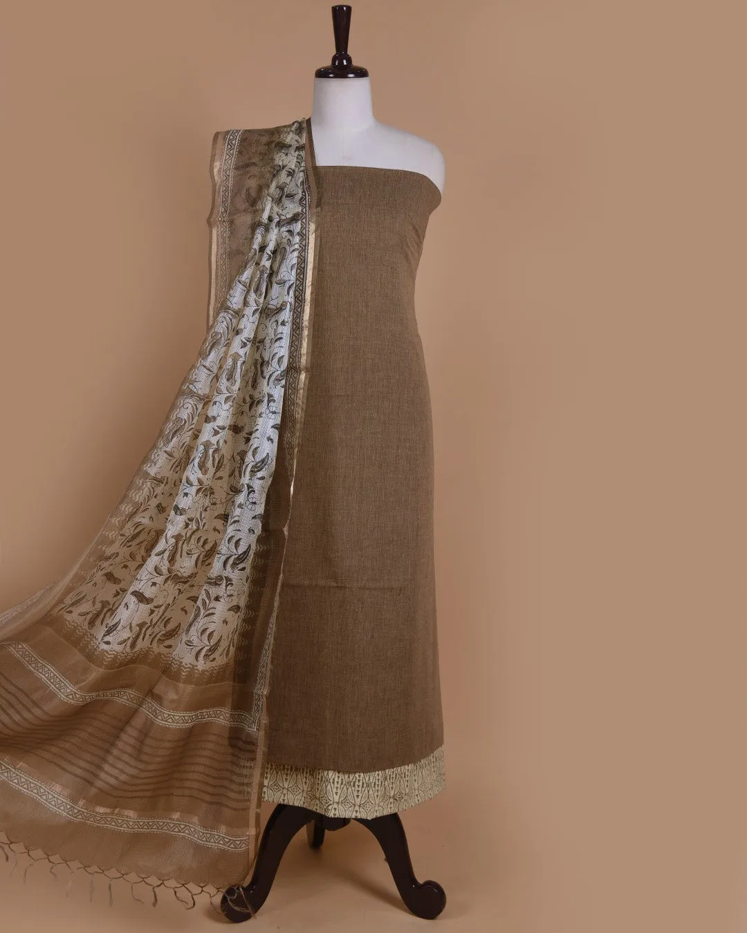Brown With Black Mercerised Cotton  Unstitched Suit Fabric Set With Kota Silk Block Printed Dupatta