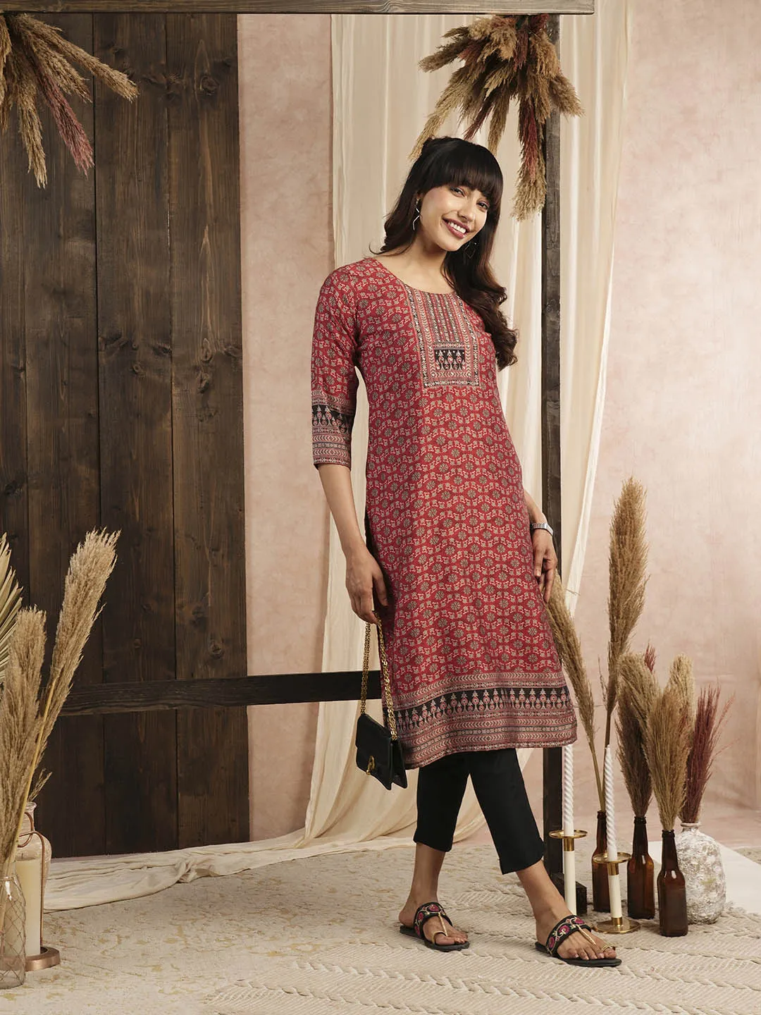 Buy Red Muslin Kurta for Women's Comfort Fit Casual Wear - Zola