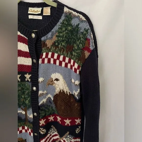 Cabelas Women's  Knitted By Hand Cardigan Sweater America US Flags M