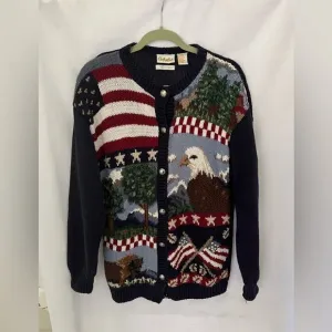 Cabelas Women's  Knitted By Hand Cardigan Sweater America US Flags M