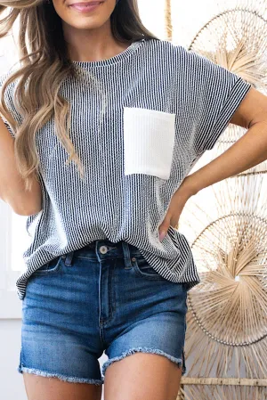 Carbon Grey Corded Knit Color Block Pocketed Crew Neck T Shirt
