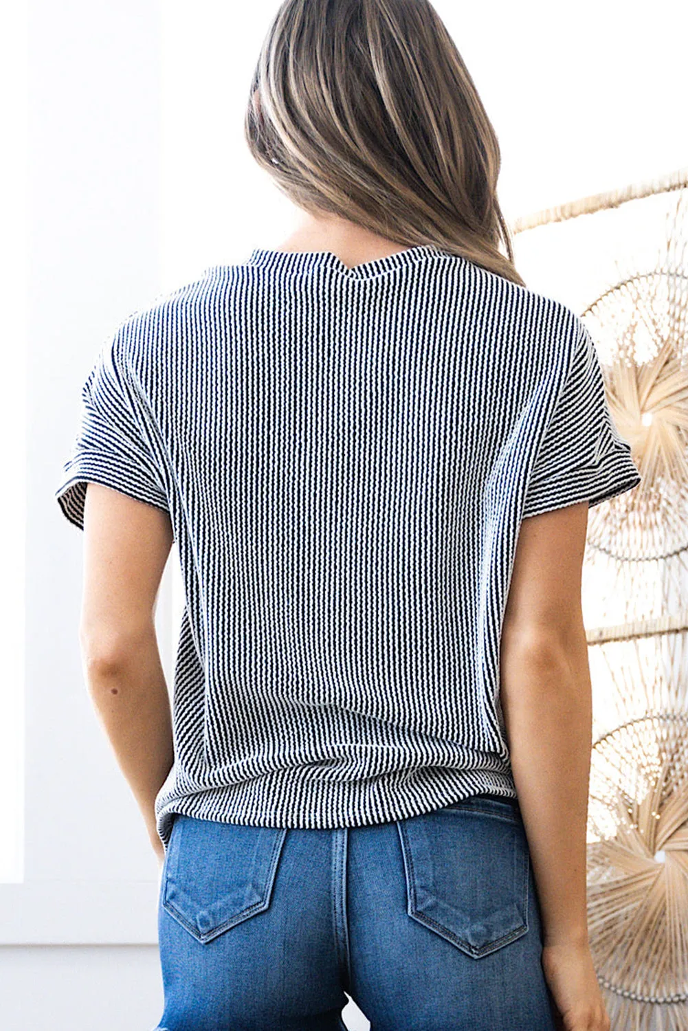 Carbon Grey Corded Knit Color Block Pocketed Crew Neck T Shirt
