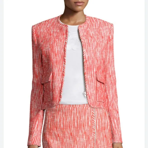 Carven Cropped Tweed Zip-Front Blazer Jacket Poppy Women's Size 40
