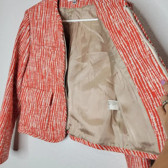 Carven Cropped Tweed Zip-Front Blazer Jacket Poppy Women's Size 40
