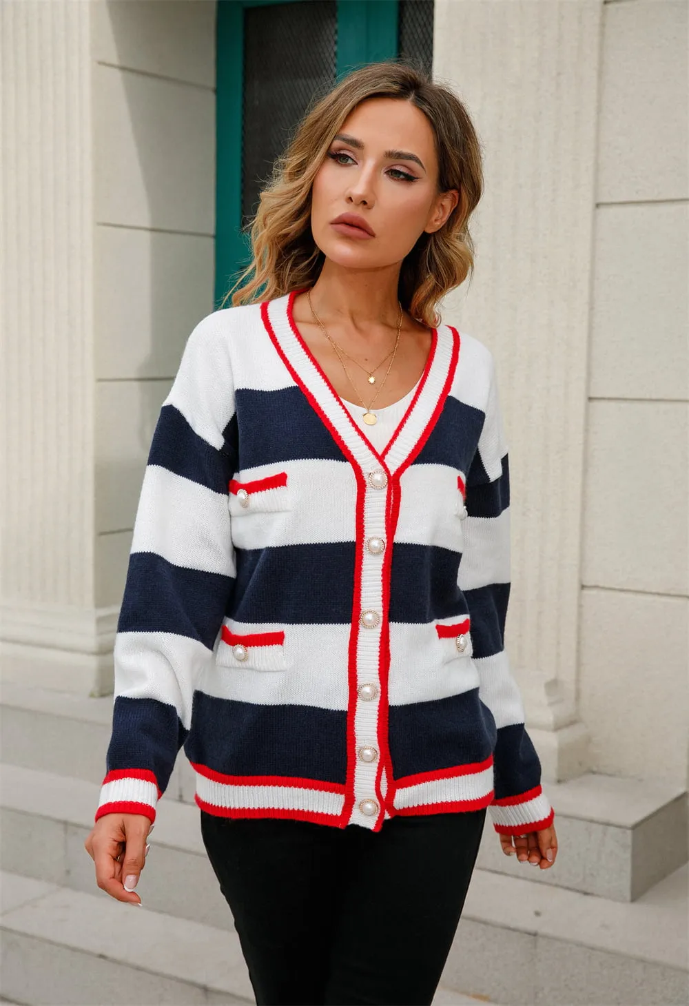 Celia Color Block V-Neck Long Sleeve Cardigan
