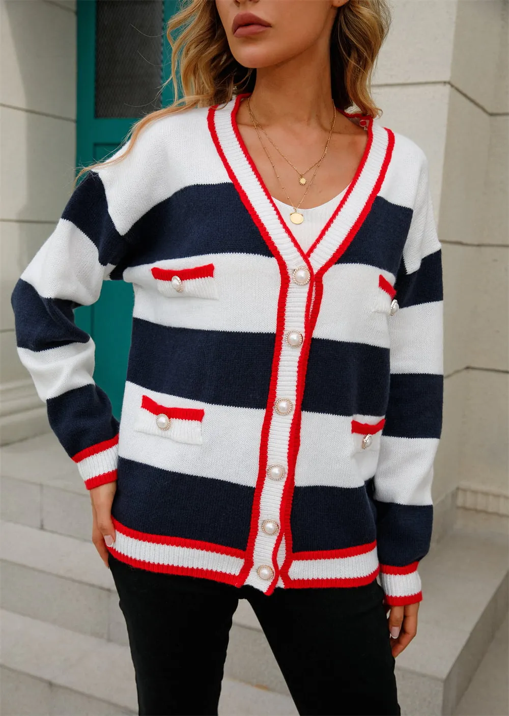 Celia Color Block V-Neck Long Sleeve Cardigan